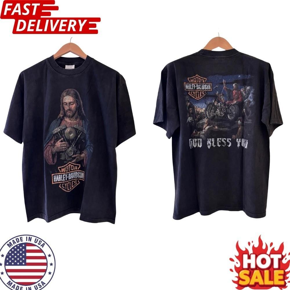 Vintage Jesus Christ Biker Motorcycle Graphic TShirt God Bless You Reprint S3X Unisex T-Shirt XXXXL