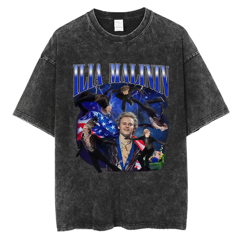 Champions Ilia Malinin Ice Skating Vintage Washed T Shirts Mens Summer Fashion Oversized Cotton Tshirt Unisex Streetwear