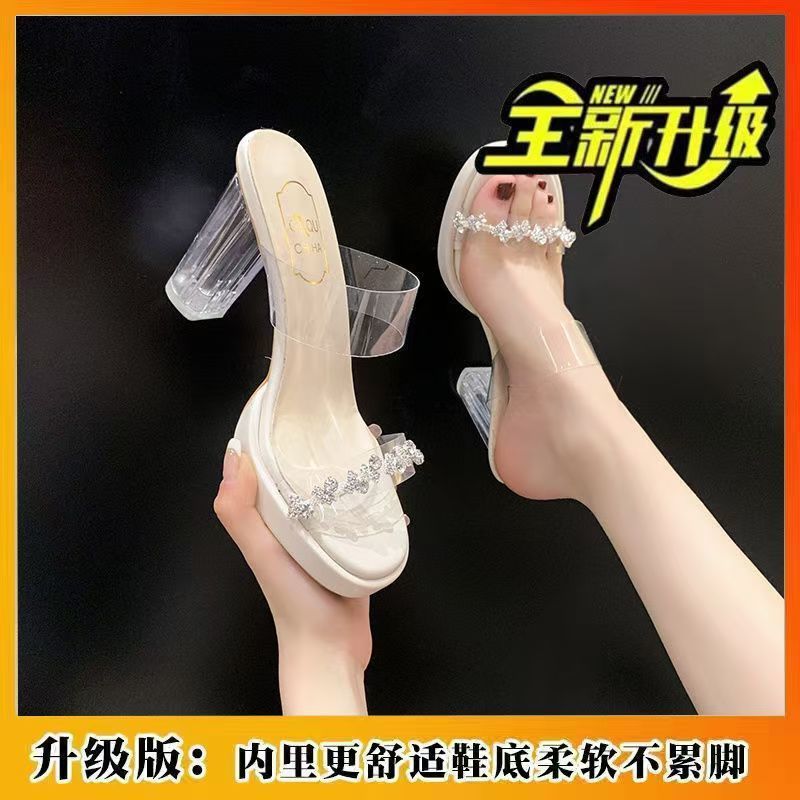 French Rhinestone with Transparent Sandals for Women In Autumn 2025, New Fashionable and Versatile Temperament, Crystal Thick Heel Waterproof Table