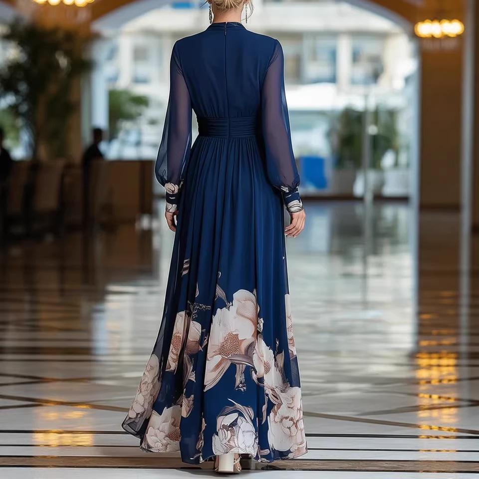 Damen V-Ausschnitt Langarm Blumen-Maxikleid Lockerer Schnitt Hohe Taille Elegantes Abendkleid