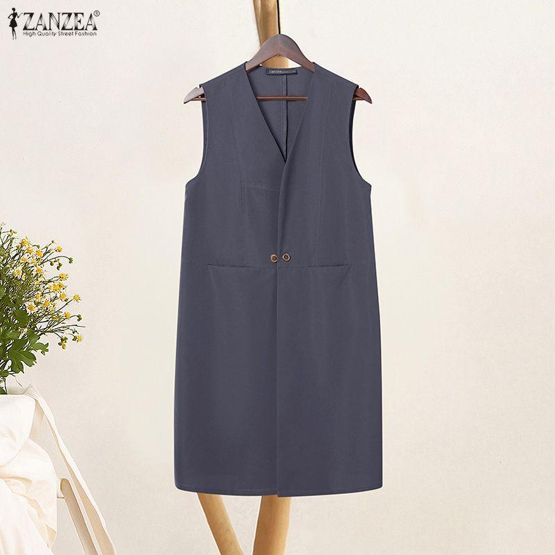

ZANZEA Women s Casual Sleeveless Mid-length Cardigan Vest With Pockets 2XL синій