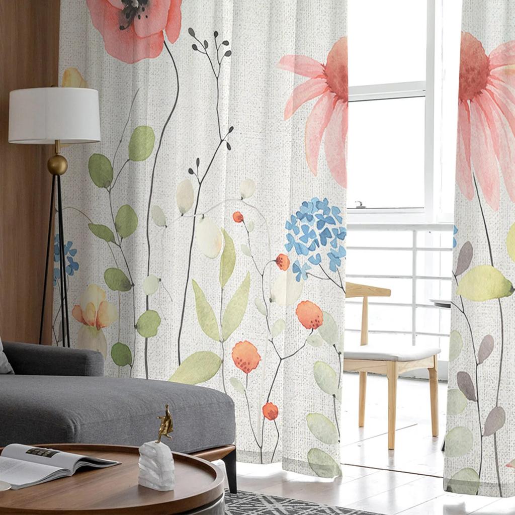Spring Watercolor Leaves Sheer Curtains Transparent Voile Tulle Window Drapes for Bedroom Holiday Decoration