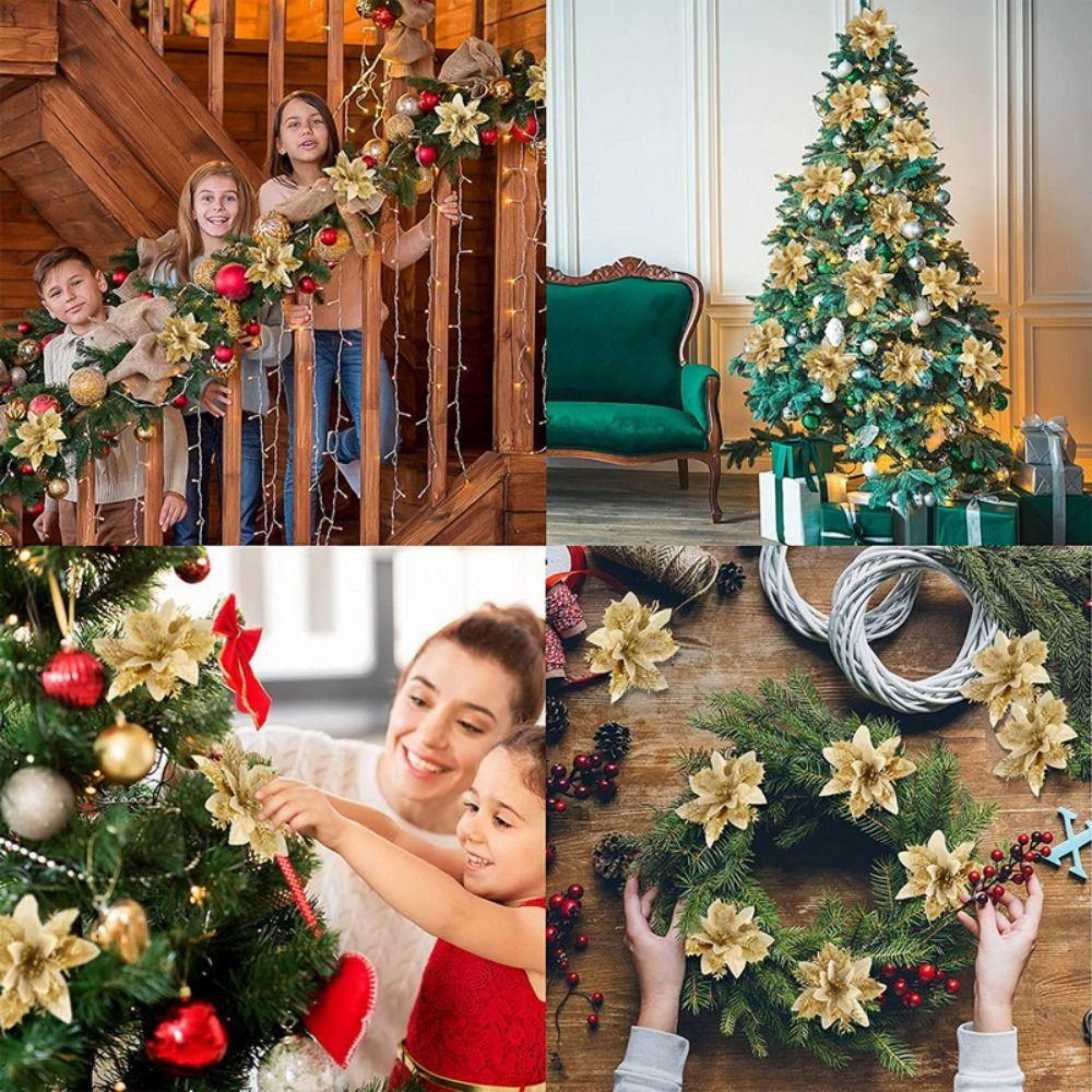 5pcs Shining Christmas Simulation Flower Fake Christmas Tree Decorations Gold Powder Flower  Friends