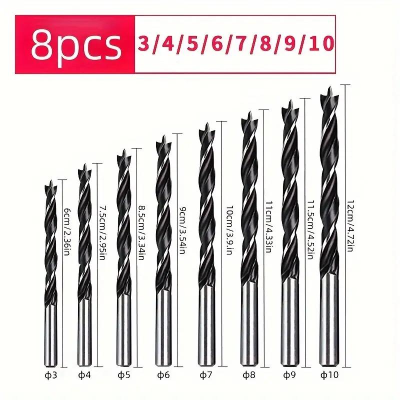 8pc 3-10mm Three Pointed Woodworking Drill DC Branch Drill Drilling Electric Drill Bit Drilling Twist Drill Tool Plastic Box Set