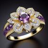 Huitan Gold Color Flower Ring Charming Purple Cubic Zirconia Accessories for Engagement Ceremony Fashion Party Zircon