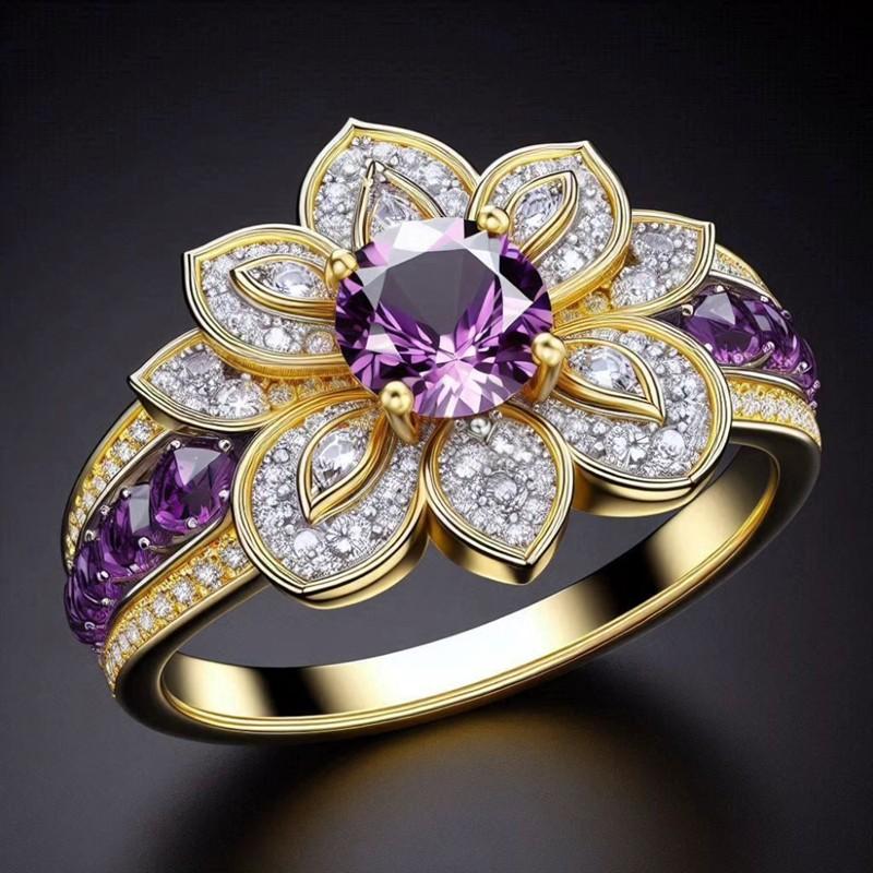 

Huitan Gold Color Flower Ring Charming Purple Cubic Zirconia Accessories for Engagement Ceremony Fashion Party Zircon 7