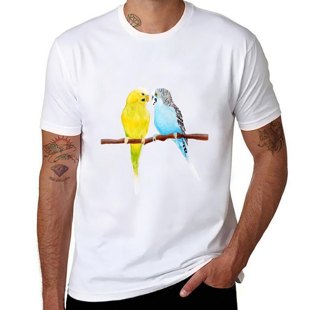 Two Budgies Watercolour Tshirt Casual Lightweight Short Sleeve Top