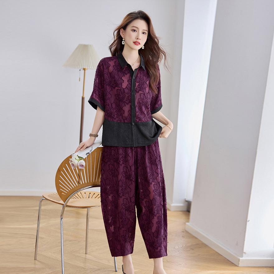 

Легкая роскошь, широкий и слишком темпераментный комплект, женская одежда, сочетание цветов, топ с коротким рукавом, брюки-палаццо, комплект из двух предметов XXL