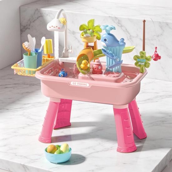 Toddlers Sand And Water Table Toy, with Faucet, Play Food Accessories, Fishing Toy, Kitchen Play Sink Toy with Electric Water Pump for Boys, Girls