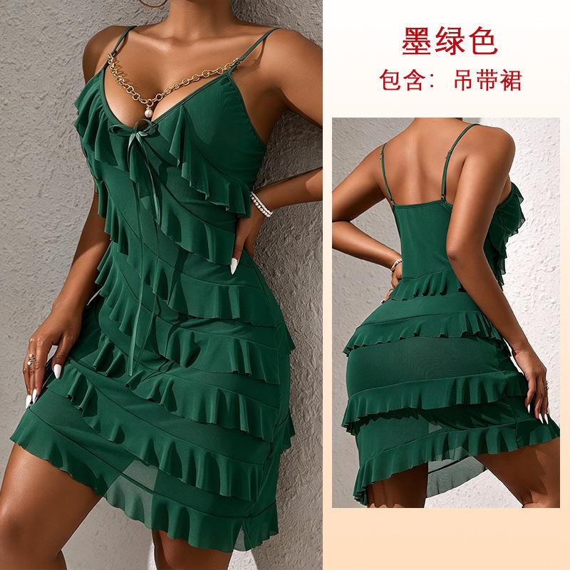 European and American women's chain decorative sexy mesh suspender dress multi-layer ruffle edge hip skirt 891