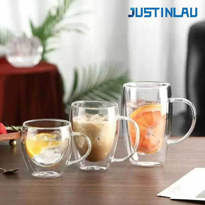 JUSTINLAU 150/250/350ml Heat Resistant Glass Cups Double Wall Glass Coffee Cup with Handle Breakfast Water Cup Clear Juice Cups