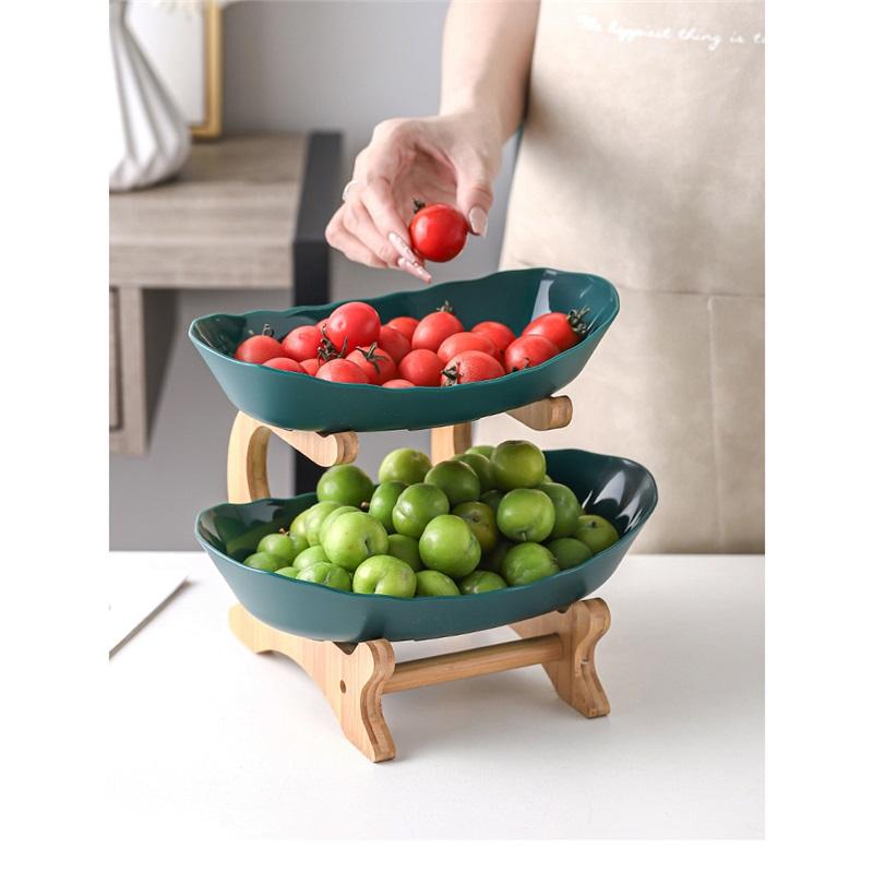 Nordic Creative Durable Plastic Fruit Plate With Wooden And Iron Stand Two Tier Three Tier Fruit Bowl For Living Room Modern Design