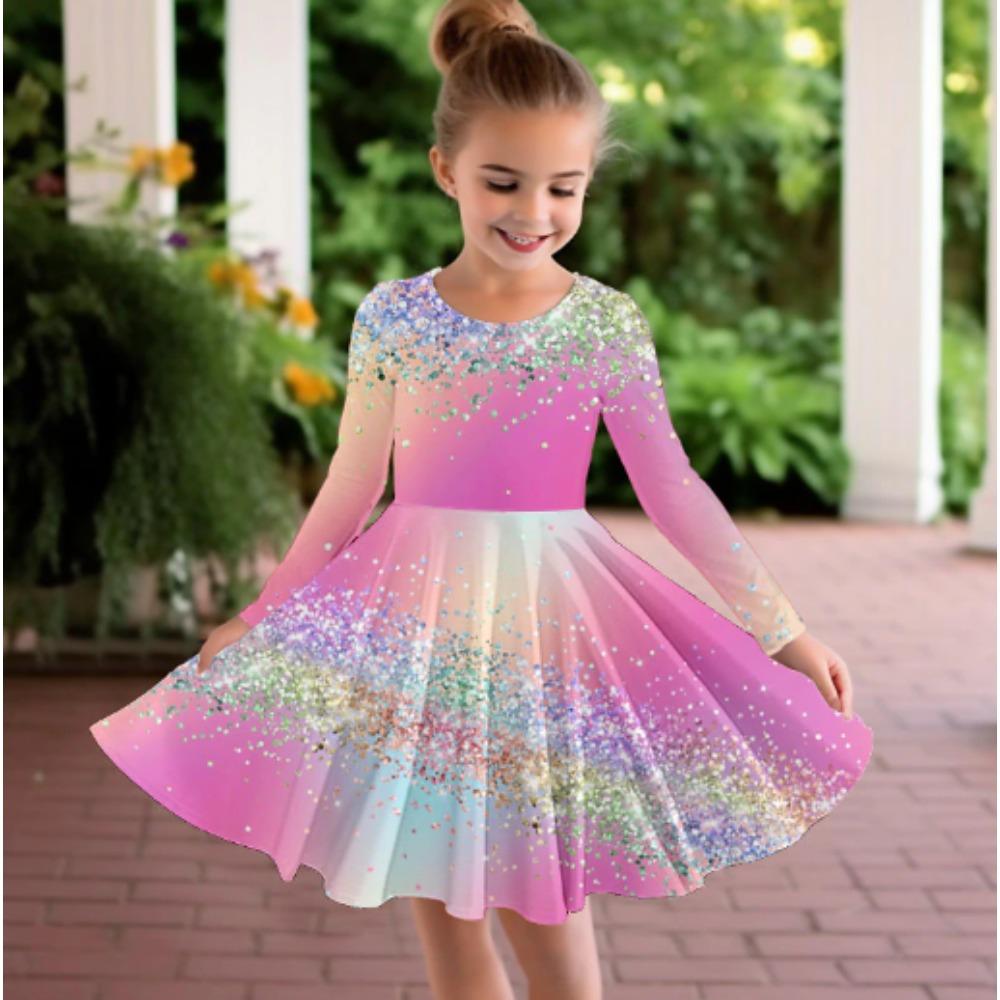 Girl Casual 3D Silver Wave Print Round Neck Long Sleeve Dress Kid Princess Dress