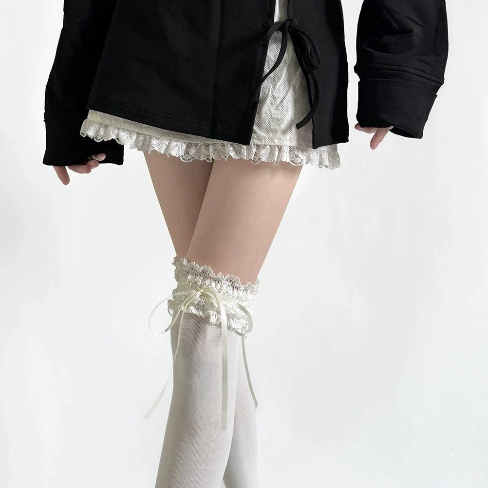 Reine Baumwolle Lolita Breite Spitze Schleife Socken - Frühling Wadenlang Süßer Wunsch Stil