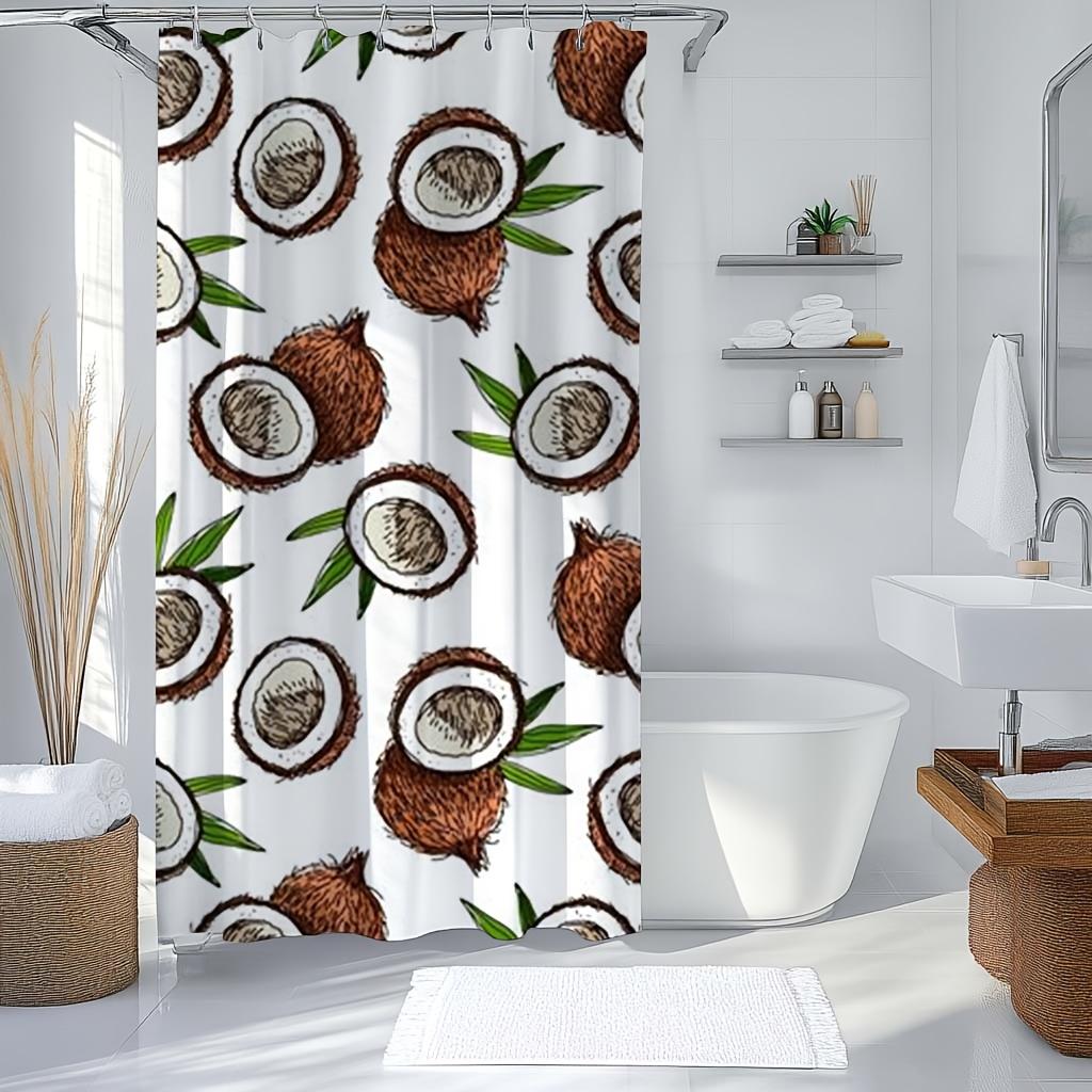 1 Piece Coconut Shell Print Shower Curtain Set - Double-Sided Polyester Fabric With Hooks, Tropical Art Theme, Polyester Fabric