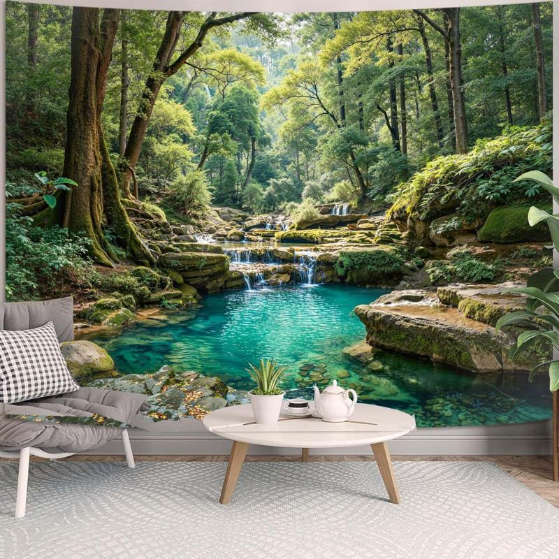 Zussun Natural Forest Tapestry Green Tree Wall Tapestry Bedroom Aesthetic Plant Stream Pool Landscape Small Tapestry Wall Hangin