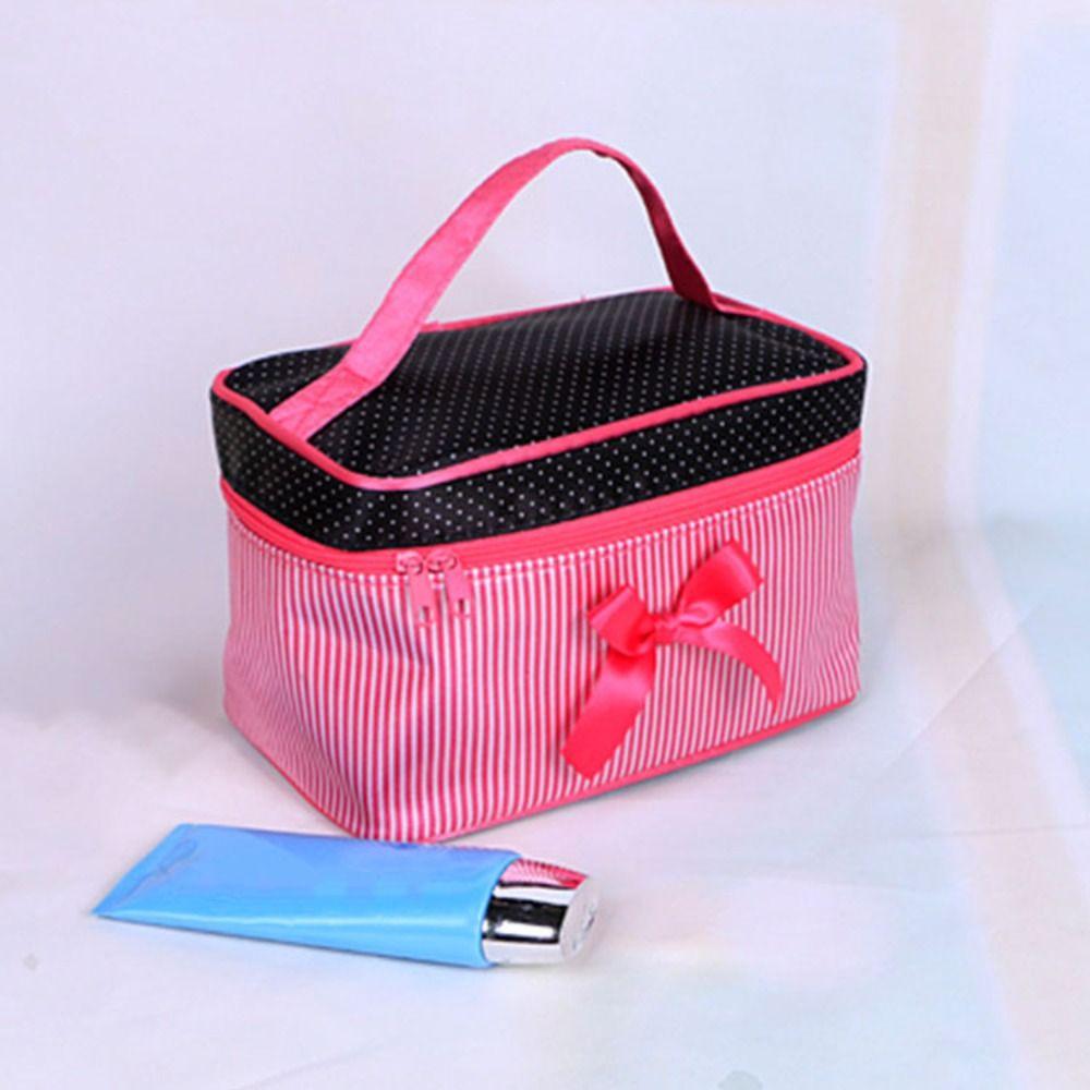Cute Portable Cosmetic Bag Bow Stripe Wash Organizer Handbag Toiletry Pouch Storage Women Girl