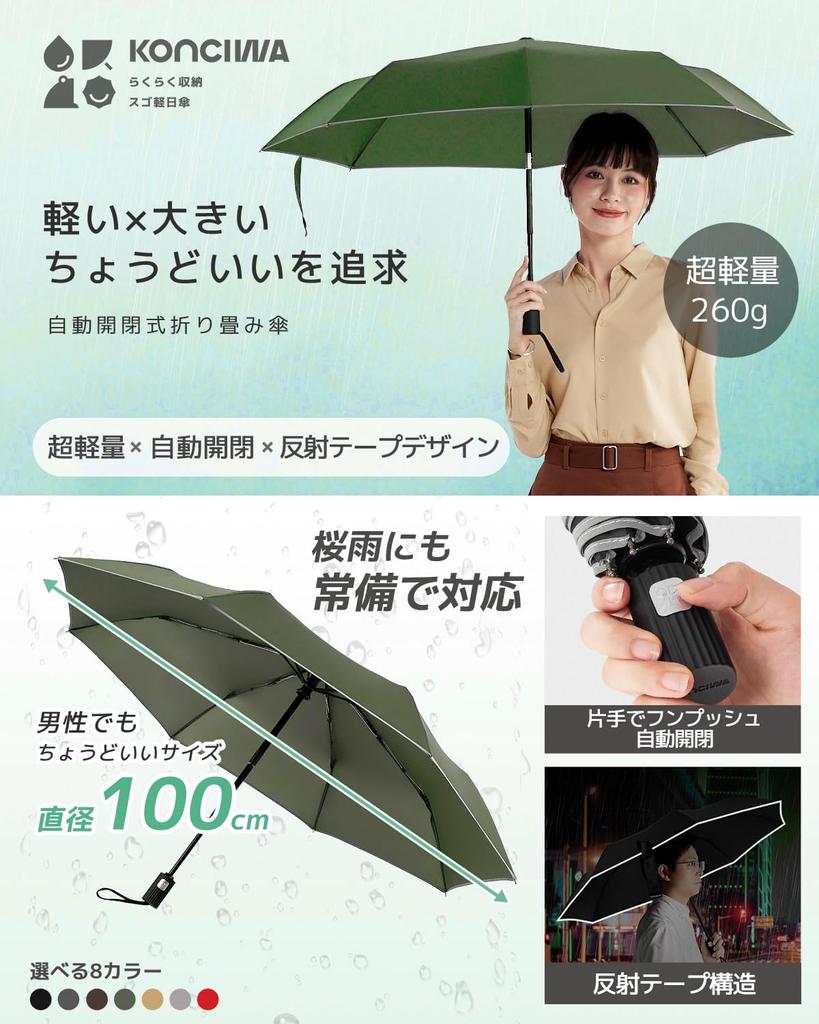 Konciwa Folding One Automatic Ultra 8 Ribs Automatic Folding Folding One Water Quick Strong Wind Easy To Carry Umbrella, Touch, Open/Close, Men's,