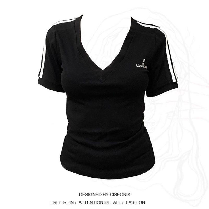 

Plus Size Plus Size Ladies American Retro Shoulder V Neck Short-Sleeved T-shirt Women s Summer New Arrival Silm Slim Looking Sexy Short Tops Black M(Suggestion 40-50kg)