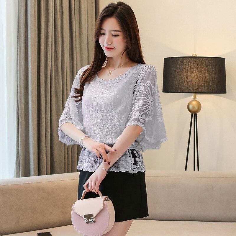 Elegant Butterfly Half Sleeve Lace Blouse Flower Shirt Fashion Women Sweet Summer Cotton Tops O Neck Loose Shirt Blusas 4073 50