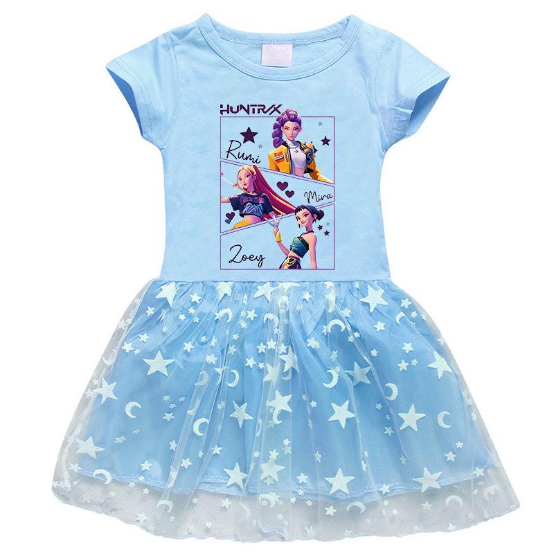 Korean-Style Kpop Demon Slayer Mesh Princess Dress for Kids - Short Sleeve for Summer, Long Sleeve for Spring/Autumn