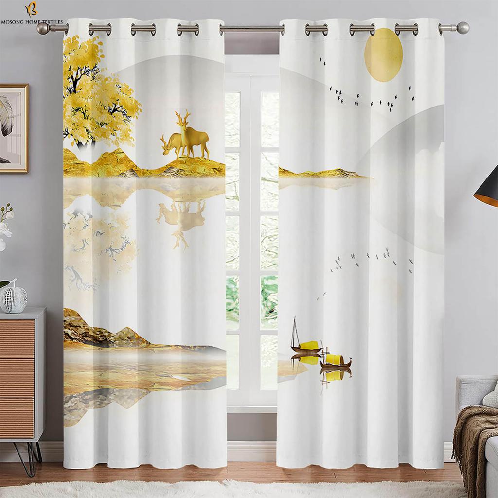 2 Pieces Of Retro Ink Peach Blossom Black And White Print Curtains Bedroom Living Room Study Decorative Curtains