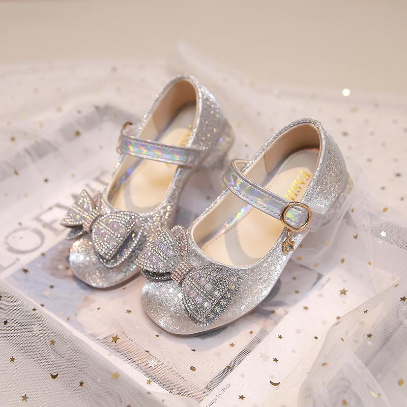 Chaussures de princesse pour filles, petites chaussures en cuir avec nœud en strass, roses, mignonnes, à fond souple, simples, sophistiquées, généreuses et élégantes pour filles