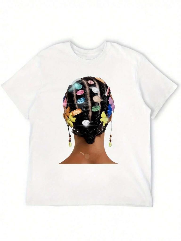 Illustration On Back Printed T-Shirt, Unisex's T-Shirt, Summer Casual Short Sleeve T-Shirt