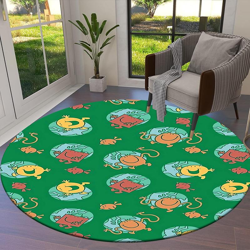 1pc Mr. Men and Little Miss characters on green . Round carpet, Made of Polyester,Perfect for Decorating Office Chairs, Living Rooms fplt122