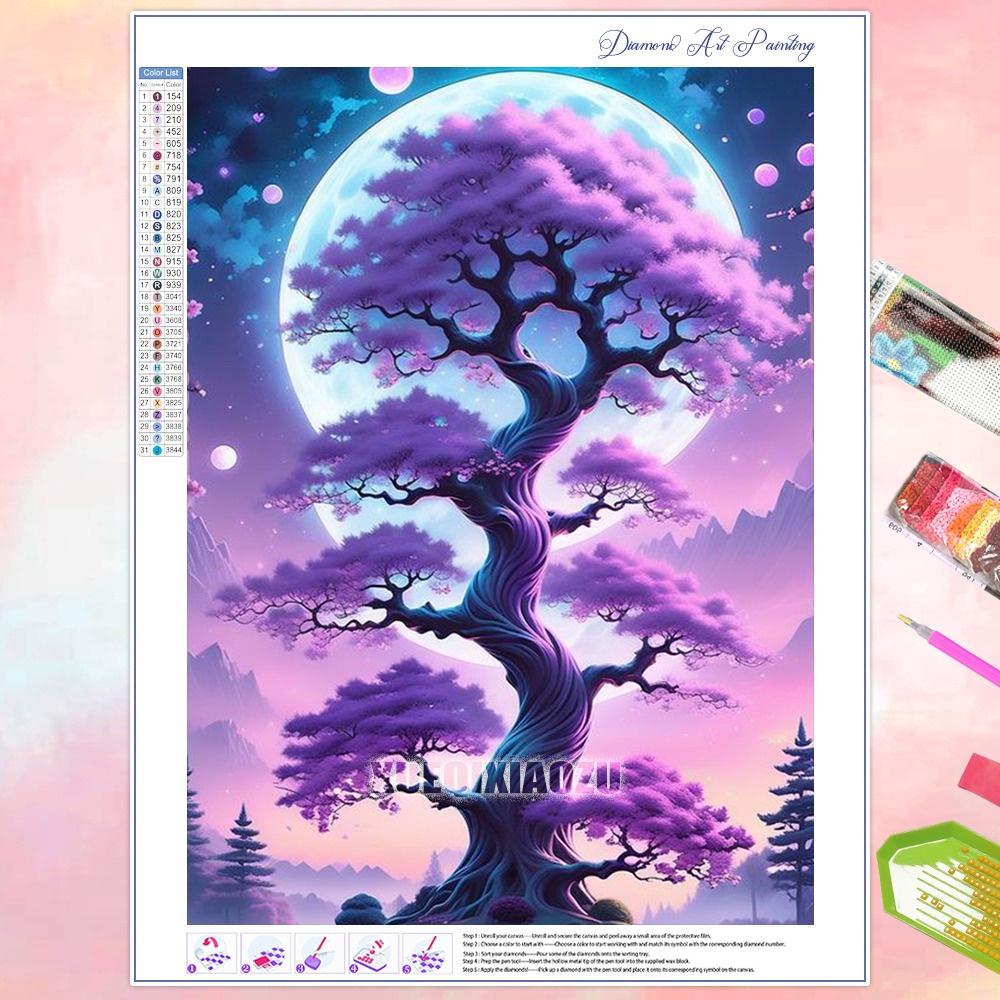 Pictură Diamant DIY Copac Lună Fantastică Peisaj Strasuri Foraj Complet Mozaic Broderie Handmade Decor Acasă Cadou Noutăți