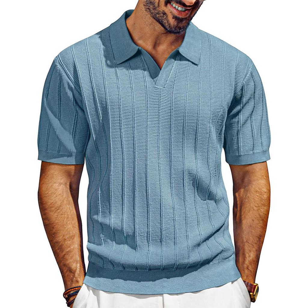 Men’s Short Sleeve Knitted Polo Shirt with Classic Ribbed Texture Casual Lightweight Pullover Top for Everyday Wear