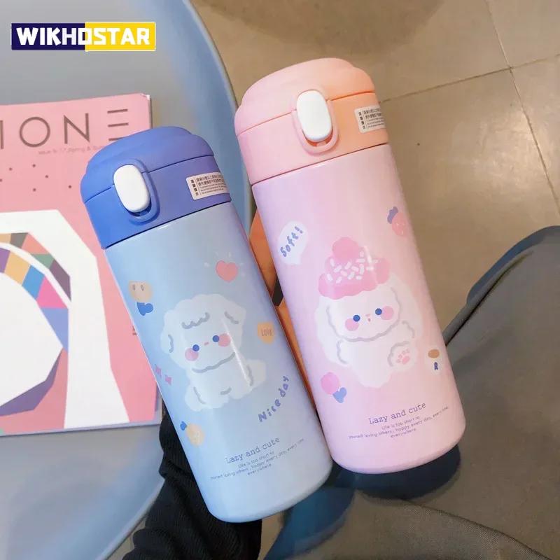 1pc 380ML Cute Cartoon Stainless Steel Thermal Thermos Vacuum Flask With Straw for Girls Insulated Tumbler Drinkware