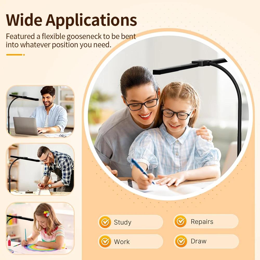 24W Ultra Bright Double Head LED Desk Lamp Eye-Caring Reading Light with Remote Control 5 Color Temperature Settings 10 Level