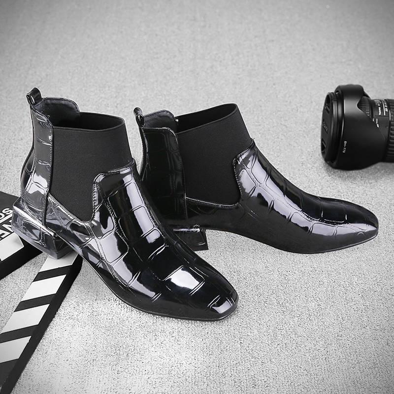Chelsea Booties Ankle Boots Women Short Patent Leather Thick High Heels Botas Winter Shoes