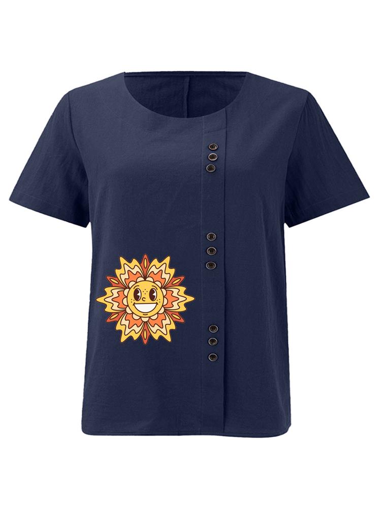 Women's Fashion Sunflower Print Casual Cotton Linen Short Sleeve Round Neck T-shirt Shirt Leisure Loose Summer Blouse Tops