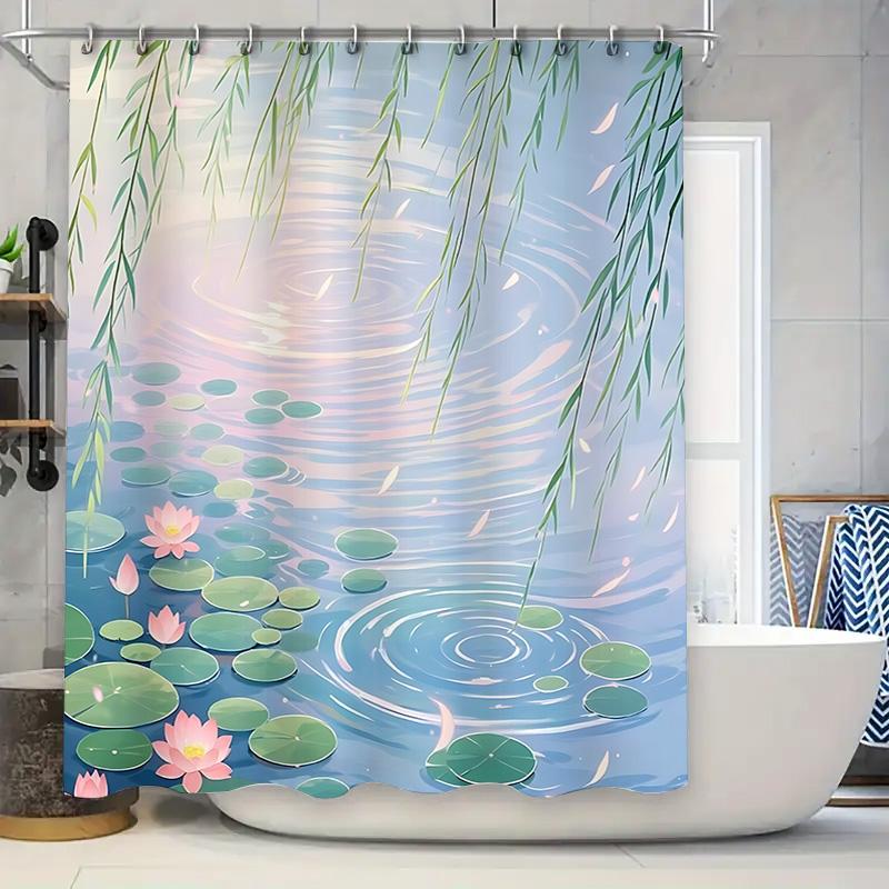 Graceful Lotus Pond Scene Shower Curtain Water Lily Leaves And Pink Flowers Design For Stylish Home Upgrade Waterproof Durable