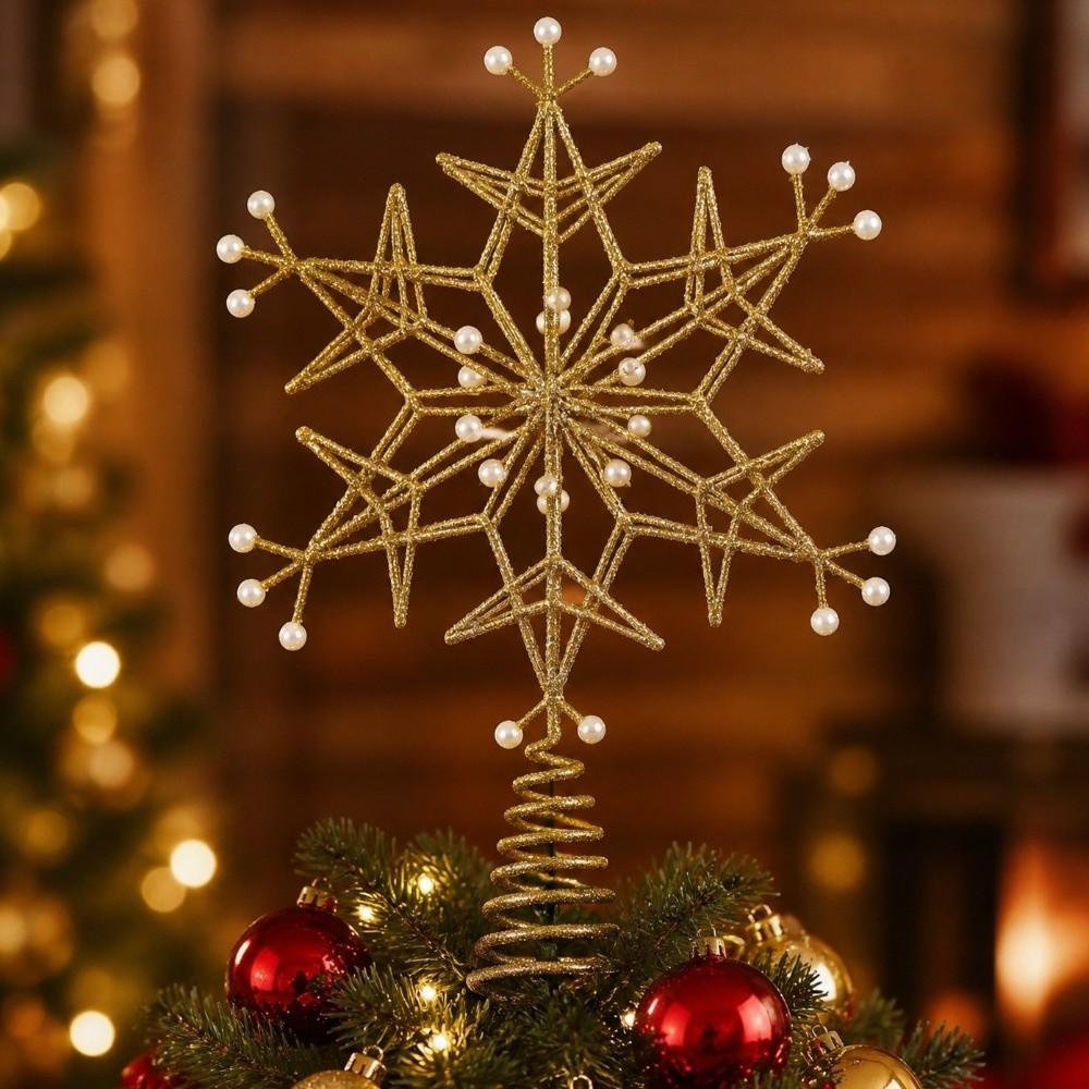 Iron Snowflake Tree Topper Pearl Accent Xmas Tree Top Ornament Christmas Scene