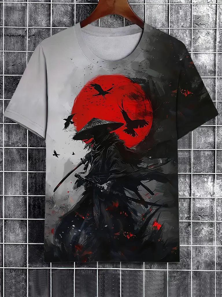 Men's T-Shirt Japanese Style Samurai Pattern Printed Casual O-Neck Loose Street Short Sleeved Tees Tops Male Oversized T Shirt