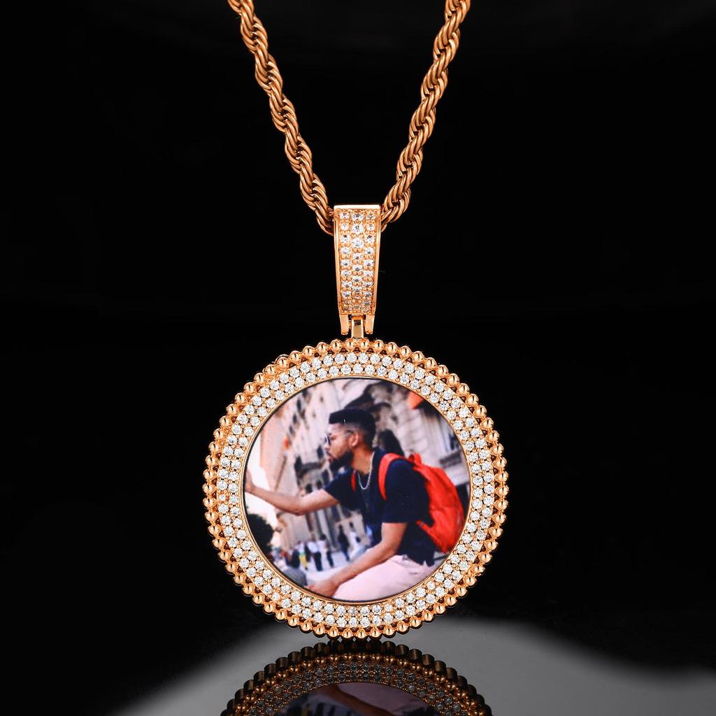 Trendy Hip Hop Round Photo Pendant Necklace with Copper and Zircon Inlays - Customizable