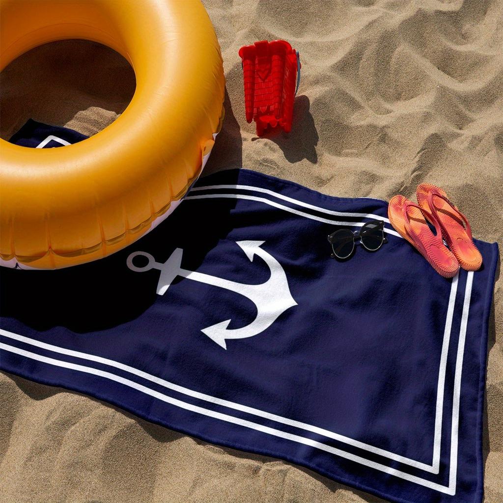 Coastal Charm: Navy Blue Beach Towel with White Anchor Design Suitable for Towels, Bath Towels, Beach Towels