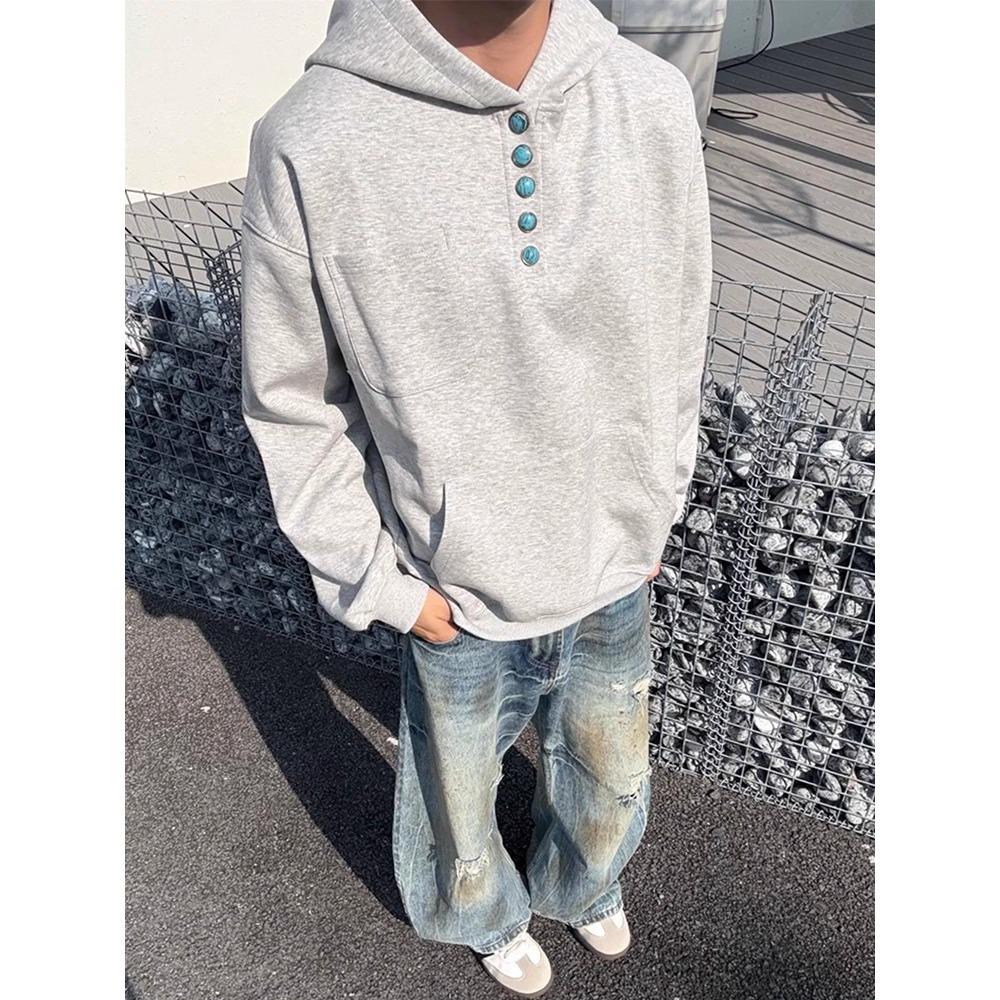 Unisex Retro Henley Neck Pullover Hoodie: Autumn/Winter Casual Long-Sleeve Top