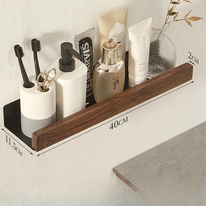 Bathroom Shelf No Punch Storage Rack Solid Wood Bathroom Shelves Punch-Free Wooden Shelf Wall-Mounted Shower Toilet Organizer