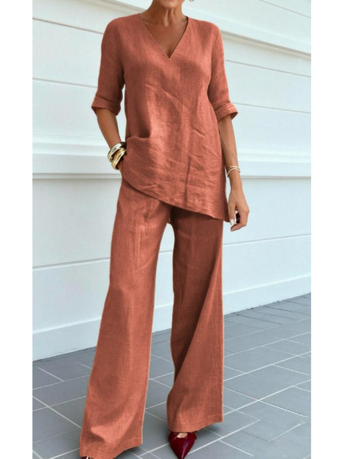 2026 European Cotton Linen Women's Casual Solid Color Two-Piece Set
