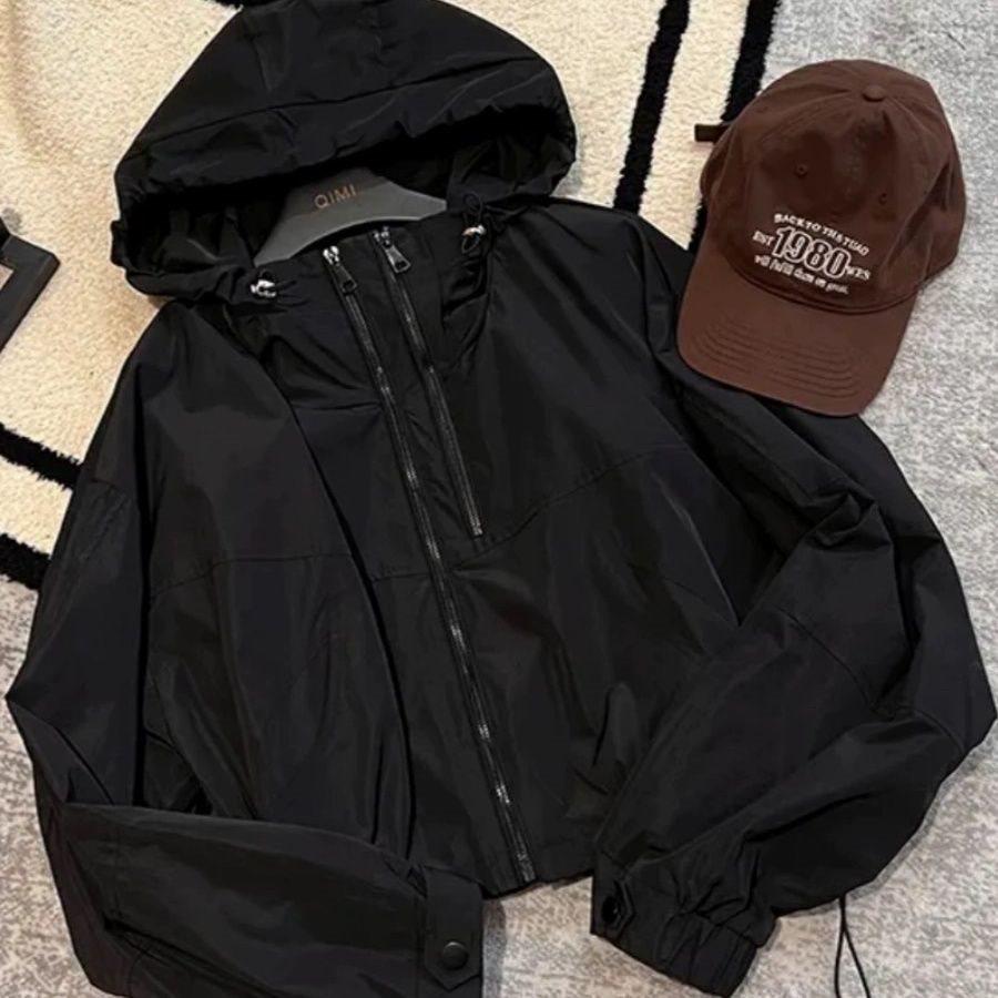 Women's Spring Hooded Short Trench Coat - Double Zipper, Stand-Up Collar, Casual Outdoor Windbreaker