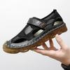 Men Outdoor Hiking Sandals Black Leather Closed Toe Grey Beach Shoes Wide Handmade Sandals Large Size for Father