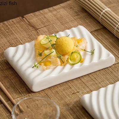 White Double-layer Ceramic Dinner Plate Irregular Texture Dessert Plate Dim Sum Plate Sushi Dish Restaurant Specialty Tableware