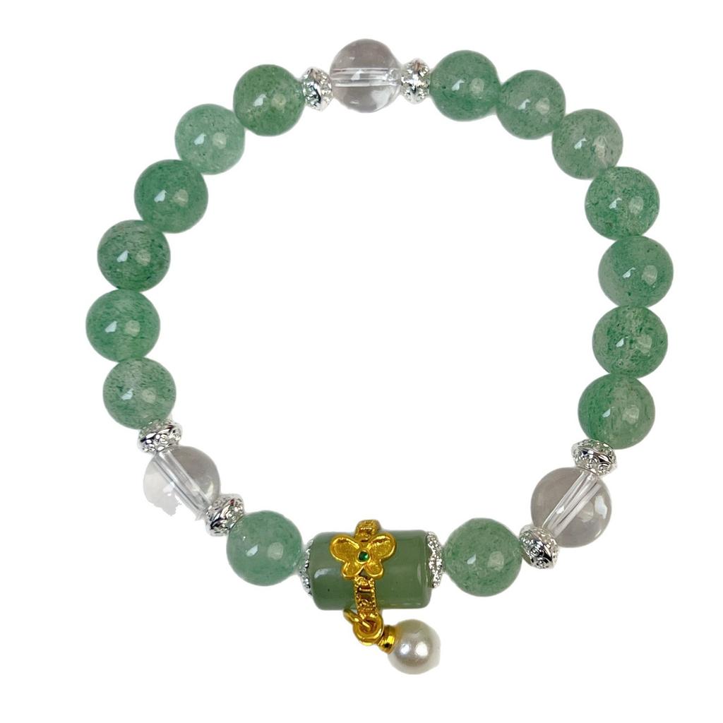 Women Natural Green Quartz Bead Bracelet Retro Gold Plated Pendant Bracelet Fashion Hand Ornament