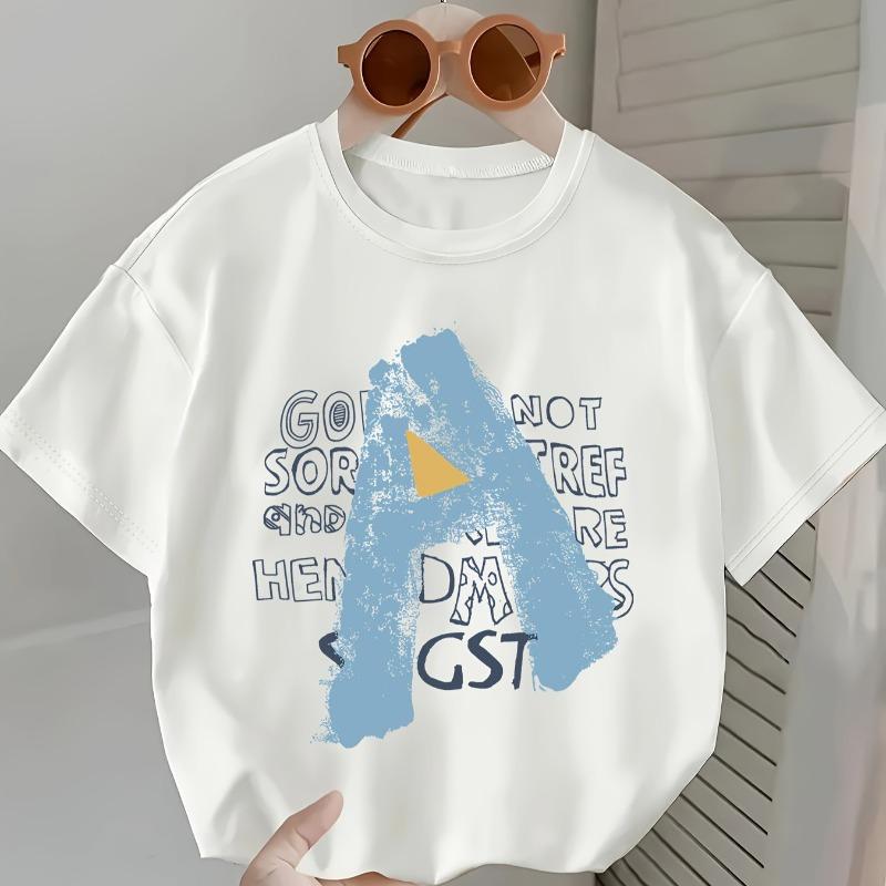 Kids Summer Crew Neck Short Sleeve T-Shirt With Letter Graphic Print 110 белый