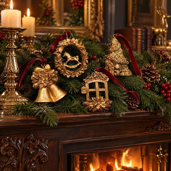 Resin Holiday Decoration Retro Golden Christmas Tree Ornament, Bell Wreath Horse Stocking Window Classic Ornaments Locomotive Pinecone Hanging Decor,