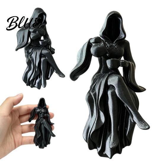 Hooded Girl Sculpture Gothic Reaper Lady Figurine 3D Printed Dark Fantasy Shelf Sitter Elegant Figurine Mysterious Black Robed Women Pouring Tea for